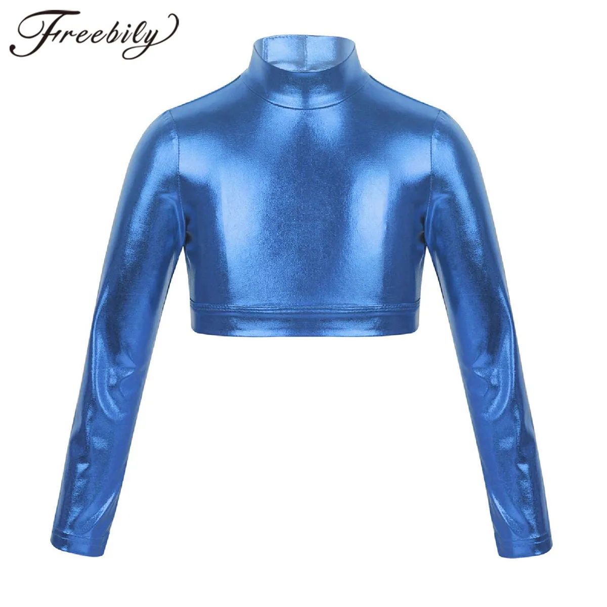 

Children Kids Girls Crop Top for Dancing Long Sleeves Mock Neck Glossy Metallic Tops Jazz Stage Performance Costume Dancewear