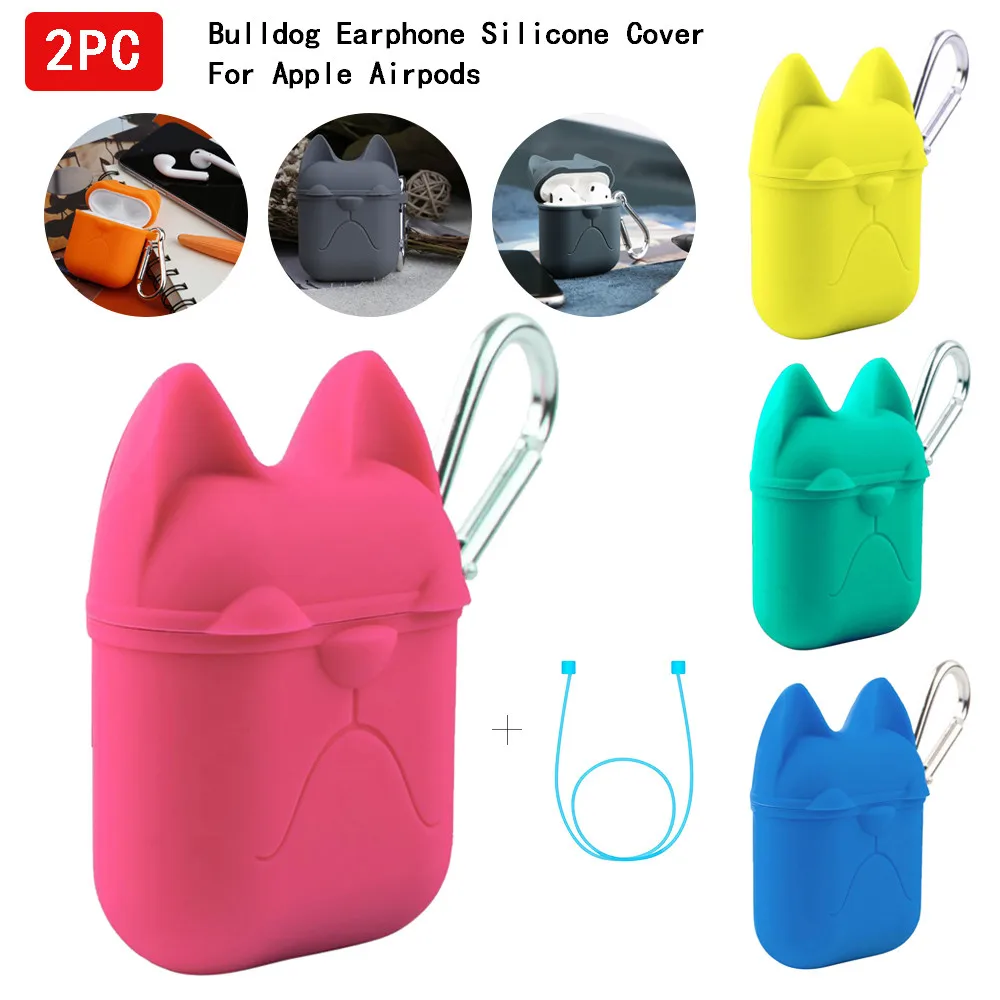 Bulldog Earphone Silicone Case Cover Pouch For Apple Airpods New + AirPods Strap