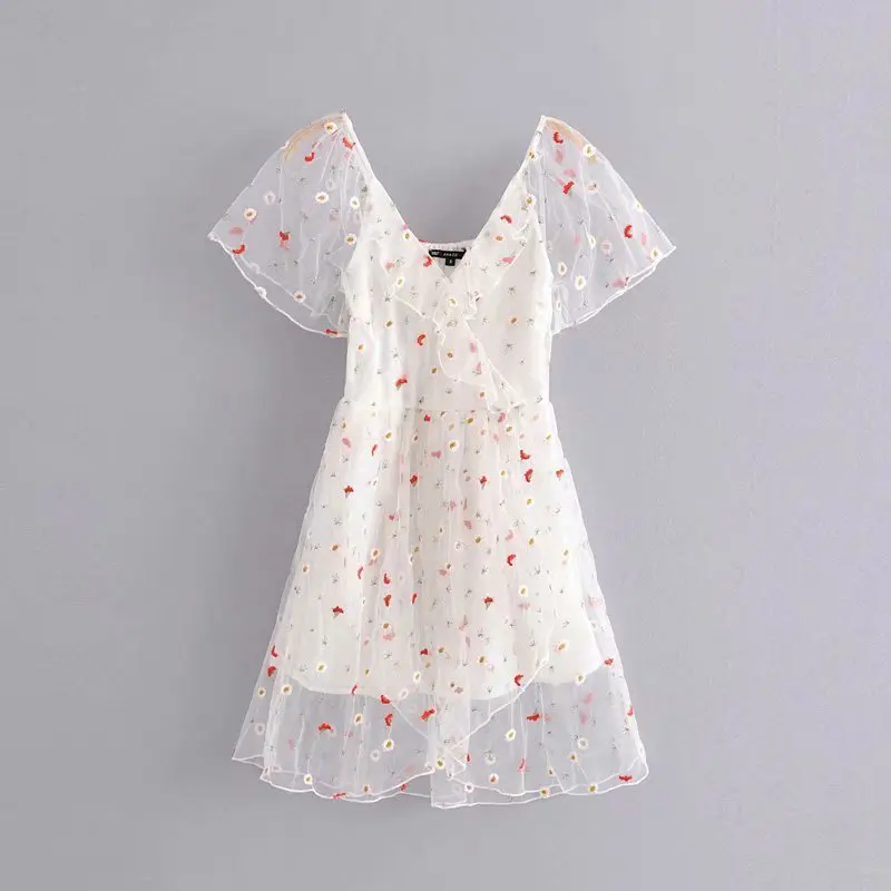 

Europe And America 2019 Summer New Style WOMEN'S Dress Versitile Fashion Slim Fit Slimming V-neck Flounced Gauze Embroided Dress
