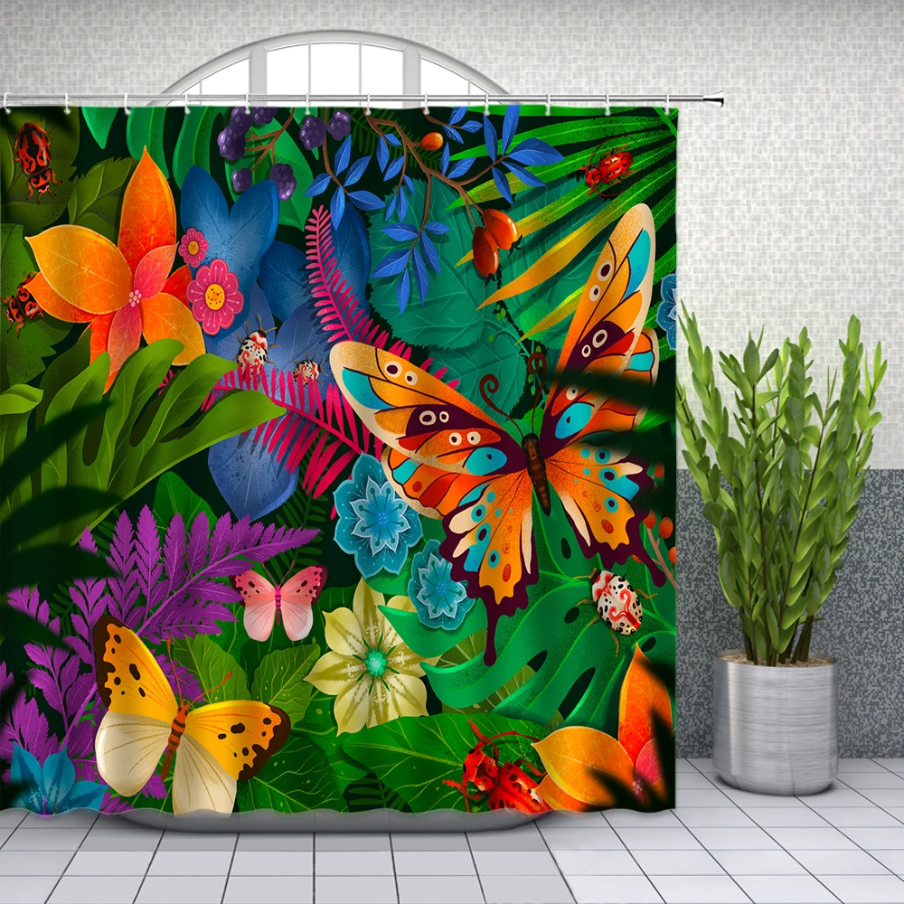 

Cartoon Colored Butterfly Leaves Insect Children's room Shower Curtains Bathroom Decor Waterproof Polyester Cloth Curtain Set