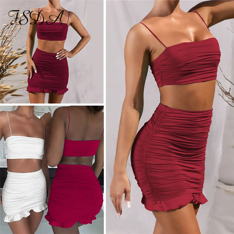 FSDA Summer 2020 Women Set Spaghetti Strap Crop Top White Sexy And Mini Bodycon Skirt Ruffles Party Outfit Club Two Piece Sets