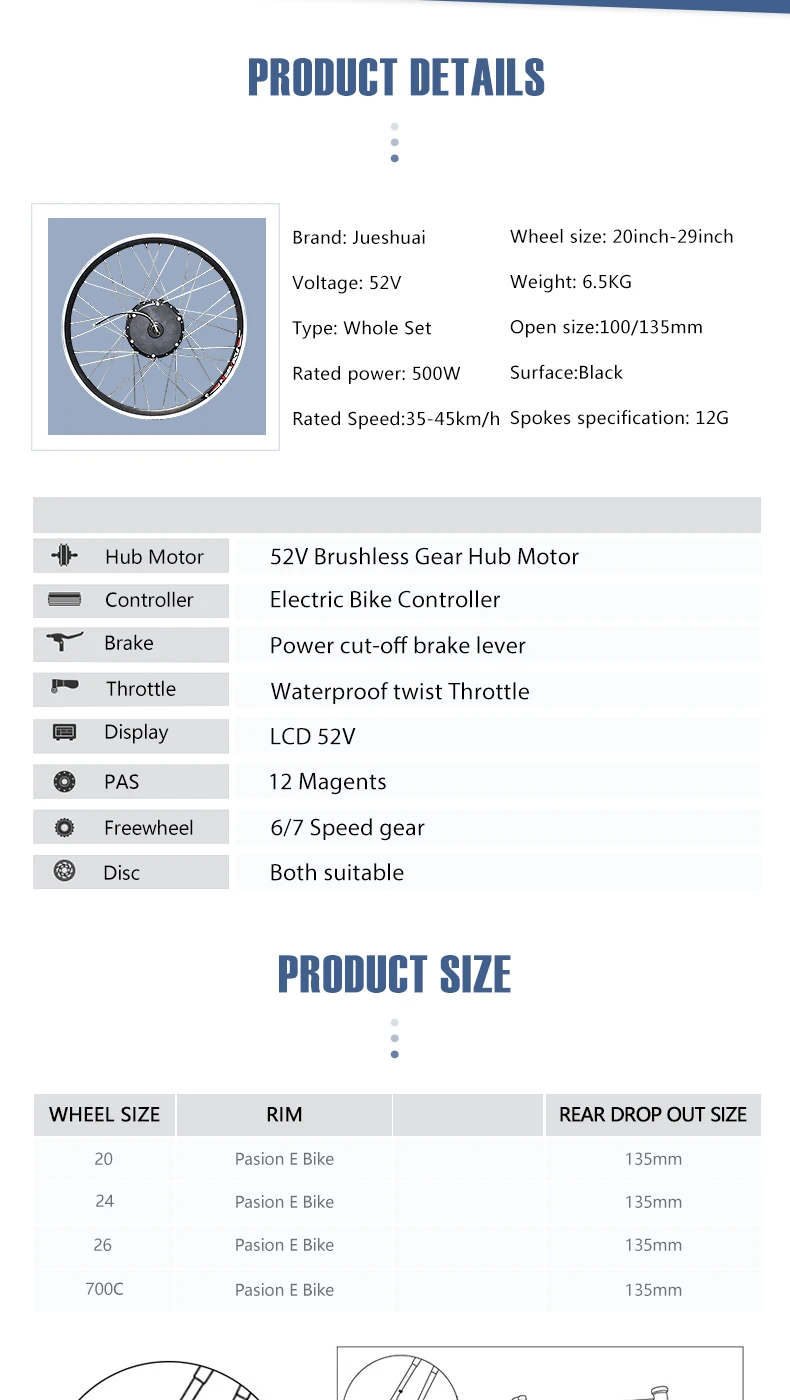 Excellent 52V 500W Battery Electric Bike Conversion Kit Front Wheel Brushless Hub Motor wheel Ebike Conversion Kit  Kit Bicicleta Electric 3