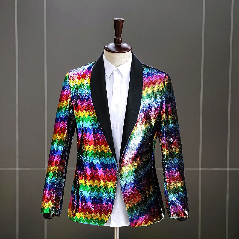 

Men Rainbow Sequins Stripes Blazers Bar Nightclub DJ Singer Dancer Performance Suit Jacket Stage Costume Magician Shiny Tuxedo