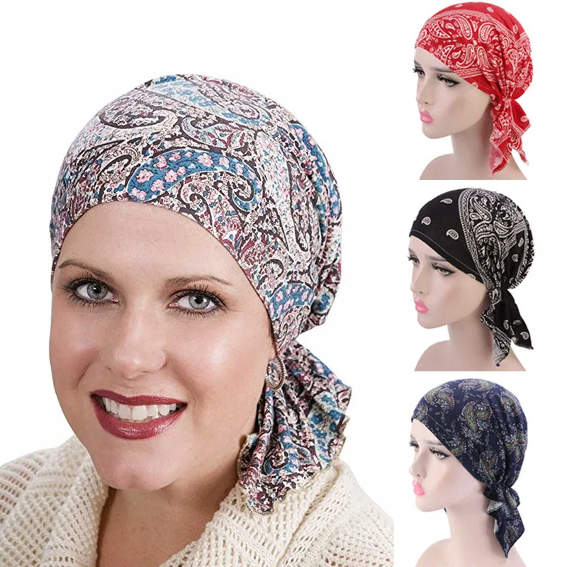 

Spring Summer Cotton Turban Hat Floral Print Headwear For Women Fashion Muslim Head Wrap Hair Cover Beanies Cap Hair Accessories