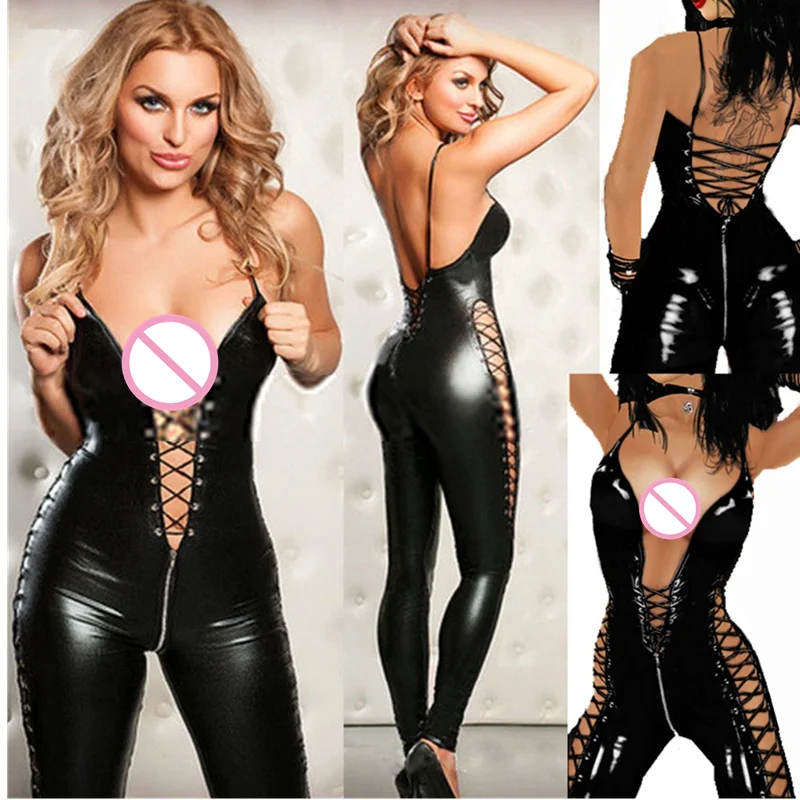 

Женский сексуальный латексный костюм-кошка на молнии, черное боди из искусственной кожи на шнуровке, фетиш, популярное Эротическое белье для танцев на шесте, клубная одежда
