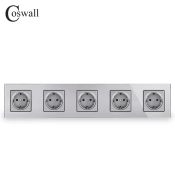 

COSWALL Wall Crystal Glass Panel 5 Gang Power Socket Grounded 16A EU Standard Grey Outlet With Children Protection Door