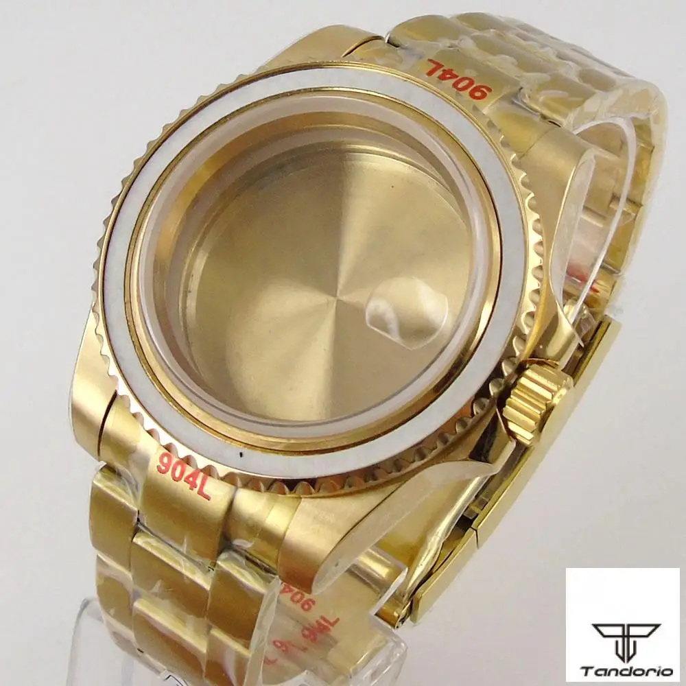 

40mm Yellow Gold Plated Watch Case+Bracelet Fit For NH35 Miyota 8215 821A ETA 2836 Movement Sapphire Glass Date Cyclops