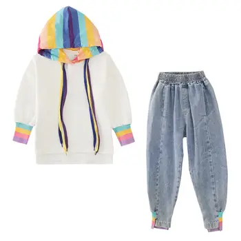 Girls Sweatshirts + Jeans Suit Novelty Rainbow Ribbon Patchwork Hoodies Top Fashion Denim Harem Pants Active Hoodie Sets Clothes
Girls Sweatshirts + Jeans Suit Novelty Rainbow Ribbon Patchwork Hoodies Top Fashion Denim Harem Pants Active Hoodie Sets Clothes