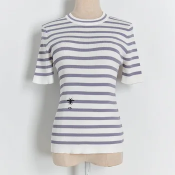 Summer New Contrast Striped Embroidered Bees qu zhu Sweater Short-Sleeved Blouse Knit T-Shirt
Summer New Contrast Striped Embroidered Bees qu zhu Sweater Short-Sleeved Blouse Knit T-Shirt