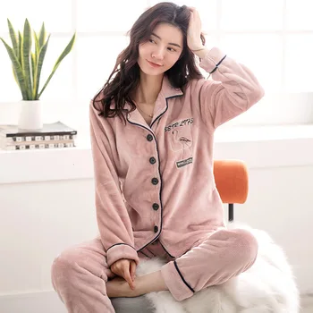 Ma'am Pajamas Suit Keep Warm Flannel Concise Cardigan Lapel Long Sleeve Coral Down Season Home Furnishing Serve 
Ma'am Pajamas Suit Keep Warm Flannel Concise Cardigan Lapel Long Sleeve Coral Down Season Home Furnishing Serve