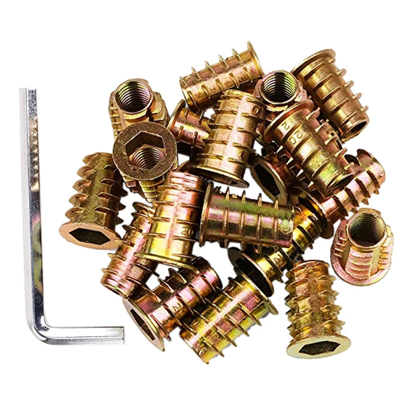 100Pcs 1/4inch-20 x 15mm Furniture Screw in Nut Threaded Wood Inserts Bolt Fastener Connector Hex Socket Drive | Обустройство дома