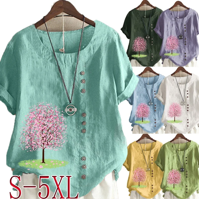 Women's Flower Tree Printed Casual Linen Shirt Plus Size Short Sleeve Tops T-shirt Ladies Round Neck Blouse
Women's Flower Tree Printed Casual Linen Shirt Plus Size Short Sleeve Tops T-shirt Ladies Round Neck Blouse