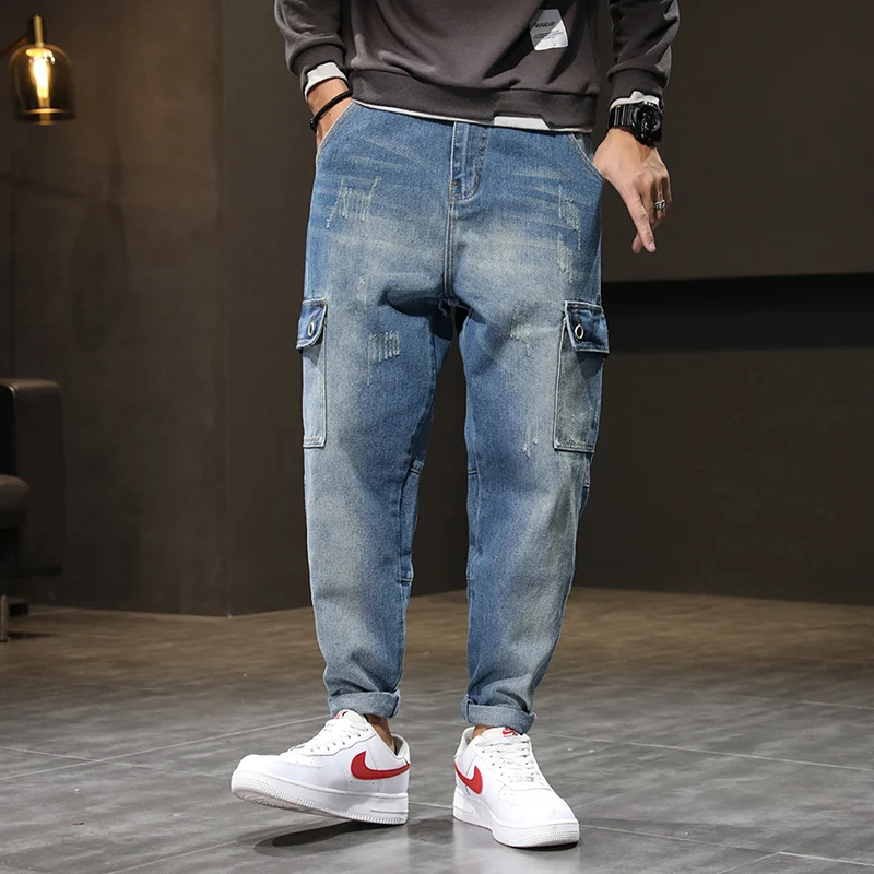 Jeans Men Light Blue Baggy Harem Pants Loose Fit Streetwear Side Pockets Fashion Jeans for Men