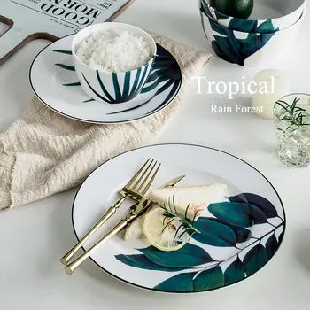 

1pc European Rainforest Ceramic Plate Handcraft Leaf Gold Inlay Porcelain Platter Steak Plates Dishes Home Kitchen Deco ZM811