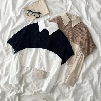 Fashion False Two Pieces Women Shirts Autumn New Solid Female Knitted Pullovers Loose Outwear Sets 
Fashion False Two Pieces Women Shirts Autumn New Solid Female Knitted Pullovers Loose Outwear Sets