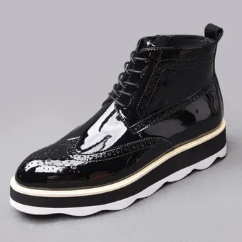 Fashion Mens Patent Leather Pointed Toe Brogue Wing Tip Ankle Boots Punk Med Heels Wedges Thick Shoes Lace Up Motor Biker Boots
Fashion Mens Patent Leather Pointed Toe Brogue Wing Tip Ankle Boots Punk Med Heels Wedges Thick Shoes Lace Up Motor Biker Boots