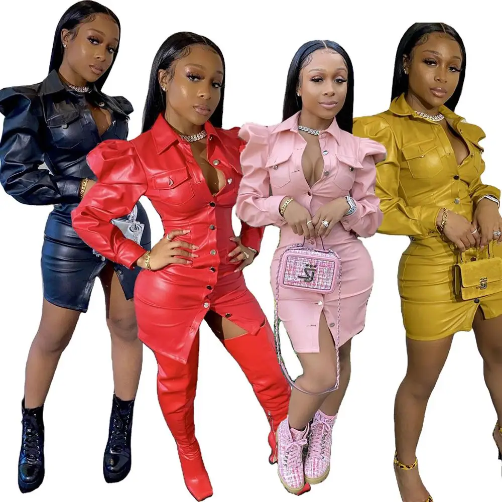 Elegant Puff Sleeve PU Leather Women Dress Sexy Button Turn Down Collar Bodcon Dress Women Night Club Party Dress Robe Femme
Elegant Puff Sleeve PU Leather Women Dress Sexy Button Turn Down Collar Bodcon Dress Women Night Club Party Dress Robe Femme