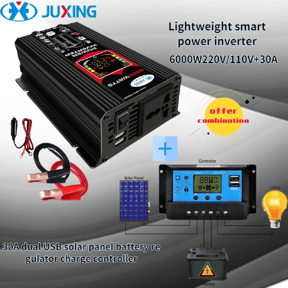 JUXING 6000W Power Inverter Kit: Power Converter + 30A Solar Controller Voltage Transformer DC 12V to AC 110V/220V with Dual USB
JUXING 6000W Power Inverter Kit: Power Converter + 30A Solar Controller Voltage Transformer DC 12V to AC 110V/220V with Dual USB