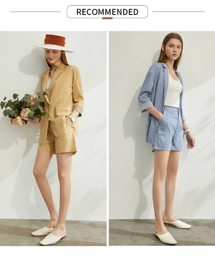 AMII Minimalism Spring Summer Suit Set Lapel Stripe Three Quarter Sleeves Suit Coat High Waist Shorts 12030238