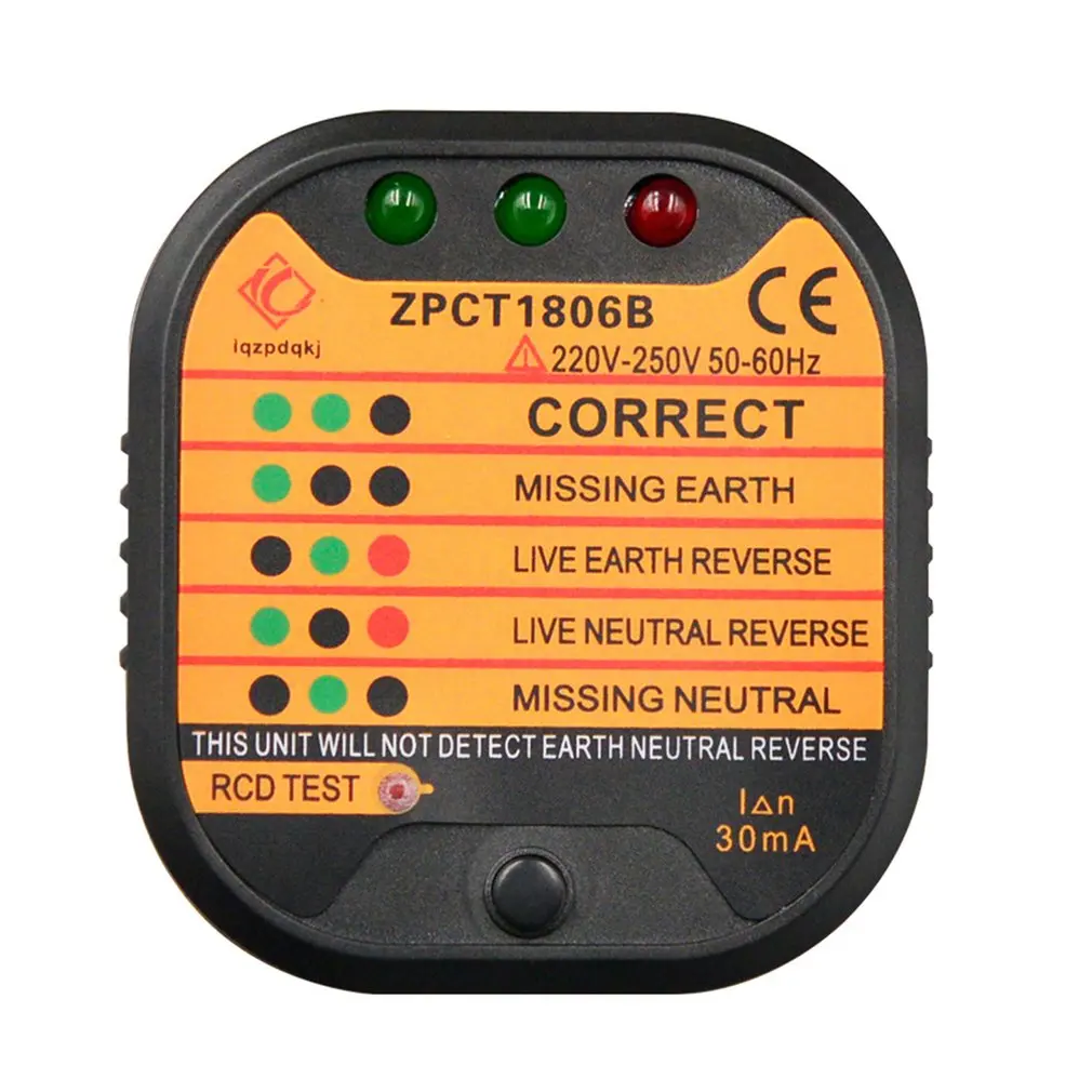 ZPCT1806B Outlet Socket Tester Detector Circuit Polarity Voltage Plug Breaker EU Ground Zero Line Switch Safety Electroscope
ZPCT1806B Outlet Socket Tester Detector Circuit Polarity Voltage Plug Breaker EU Ground Zero Line Switch Safety Electroscope