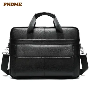 

PNDME casual natural genuine leather men's briefcase lawyer handbag business simple real cowhide laptop shoulder messenger bag