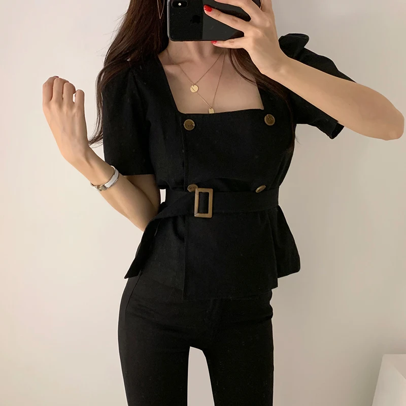 

ZOSOL Chic Minimalist Vintage off-Shoulder Double-Breasted Slim Waist Hugging Short-Sleeved Shirt with Waistband Female