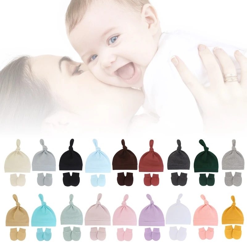 

Baby Anti-scratching Gloves Knotted Hat Set Newborn Mittens Warm Beanie Cap Infants Shower Gifts