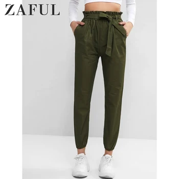 

ZAFUL Solid Pockets Belted Paperbag Jogger Pants 2019new Style Fall High Waisted Sash Pants Camouflage Green Elastic Women Pants