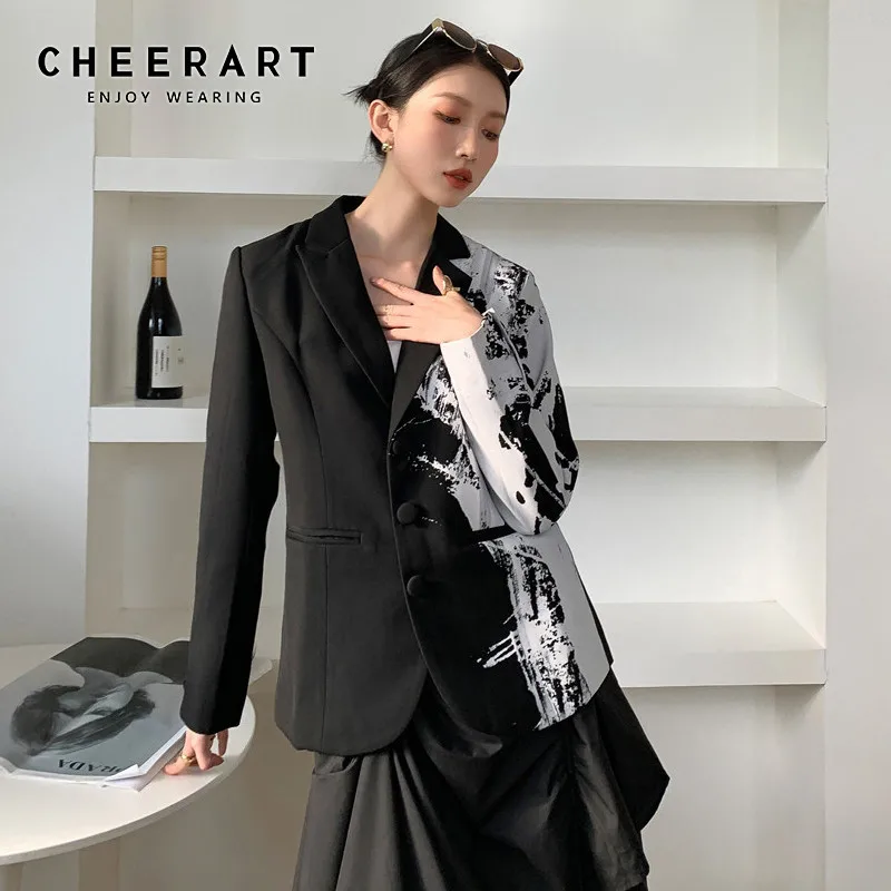 Фото Женский черно-белый блейзер CHEERART разноцветная Лоскутная куртка осенняя мода 2020