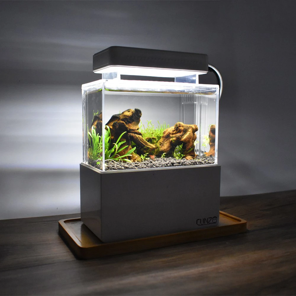 Mini Plastic Fish Tank Portable Desktop Aquaponic Aquarium Betta Fish Bowl with Water Filtration LED & Quiet Air Pump for Decor