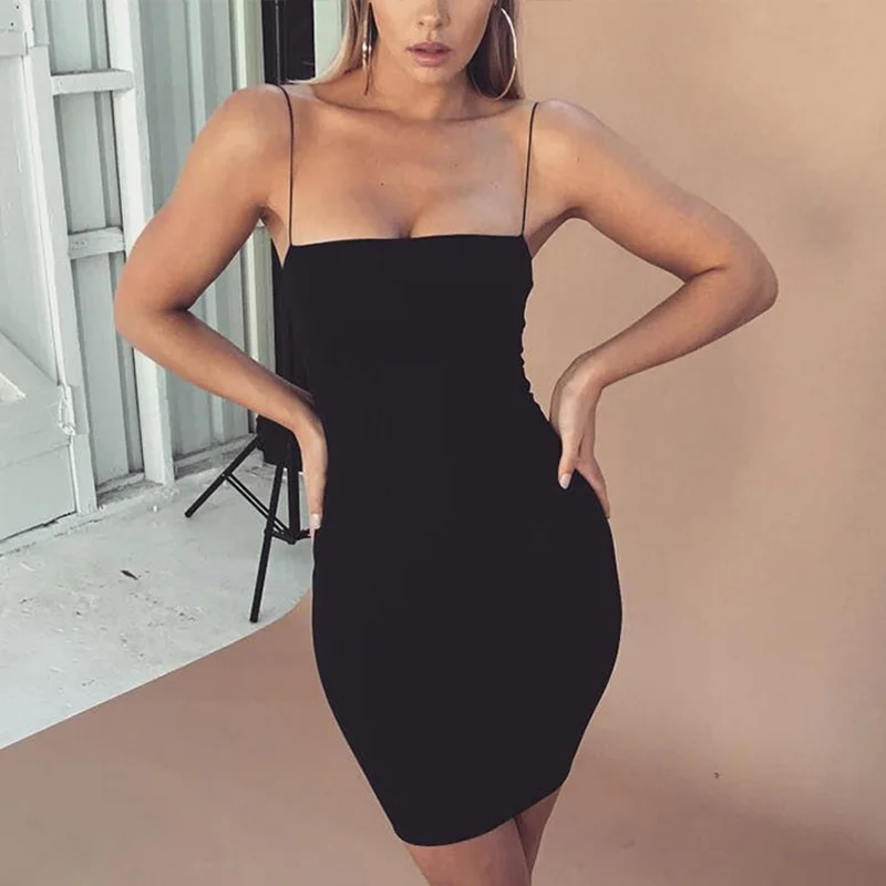 

CDJLFH Sexy Bandage Fashion Women Solid Color Backless Bodycon Dress Spaghetti Strap Casual Black White Sheath Mini Dress