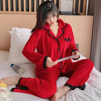Velvet pajamas women's long-sleeved solid color lapel home wear lace casual comfortable pajamas two-piece suit JJF0002 
Velvet pajamas women's long-sleeved solid color lapel home wear lace casual comfortable pajamas two-piece suit JJF0002
