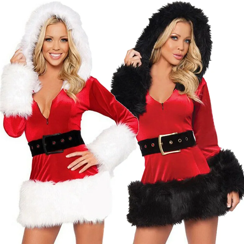 Red Black Sexy Ladies Velvet Dress santa costumes Adult Mrs Santa Claus Outfit for Women hooded belt Christmas dress
Red Black Sexy Ladies Velvet Dress santa costumes Adult Mrs Santa Claus Outfit for Women hooded belt Christmas dress