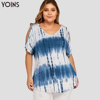 

YOINS 2020 Stylish Women Cold Shoulder V-neck Tie-Dye Blouse Female Summer Short Sleeve Shirt Casual Tops Plus Size Loose Blusas