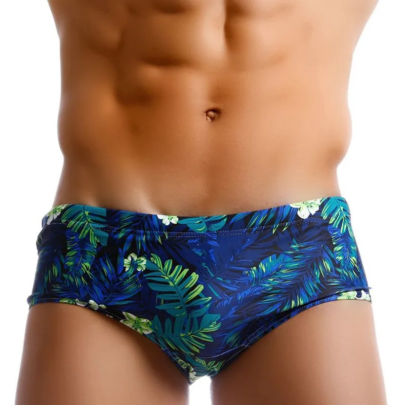 

2020 Leaf Print Men's Swim Brief Bikini Gay Swimwear Men Waterproof Swimming Trunks Surf Summer Beach Pant Sexy Swimsuit Shorts