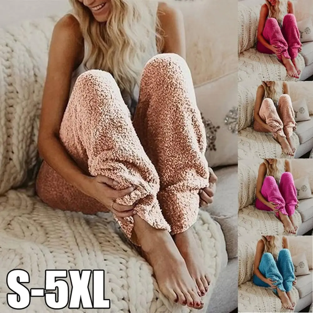 

Winter Women's Soft Plush Flannel Pajama Sleep Bottoms Night Wear Solid Color Loose Long Pants Thicker Trouser Sleepwear Plush