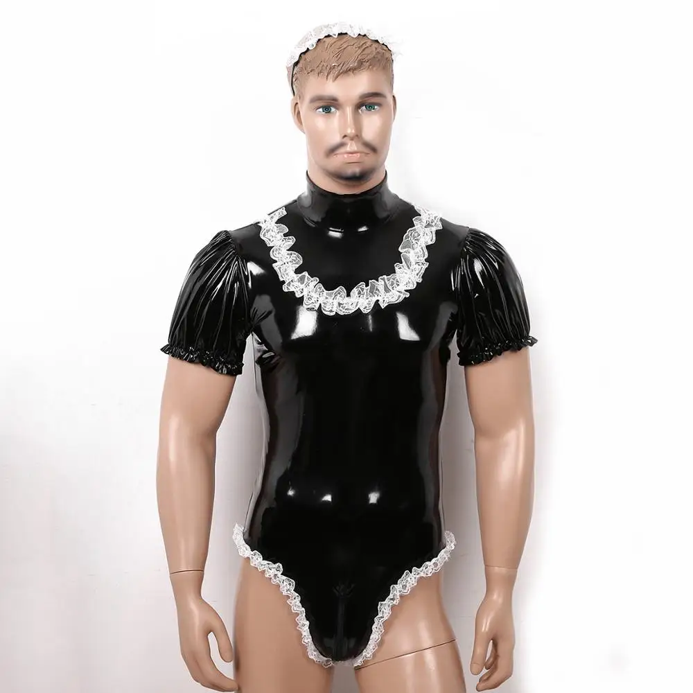 Mens Lingerie Sexy Sissy Maid Cosplay Costume Set Wet Look Patent Leather High Neck Leotard Bodysuit with Elastic Lace Headband
Mens Lingerie Sexy Sissy Maid Cosplay Costume Set Wet Look Patent Leather High Neck Leotard Bodysuit with Elastic Lace Headband