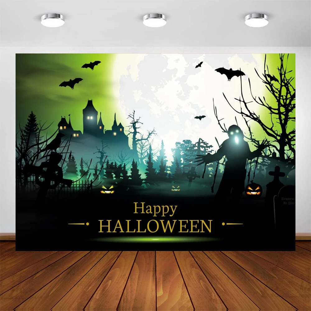 

Yeele Halloween Backdrop Photocall Moon Tree Bat Pumpkin Lantern Cemetery Green Background Photography Photo Studio Photophone