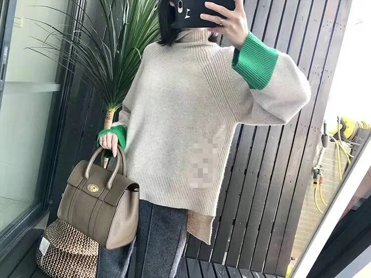 Women Sweater Short Short Back Color Contrast Irregular High Collar Cashmere Sweater Ladies Sweater
Women Sweater Short Short Back Color Contrast Irregular High Collar Cashmere Sweater Ladies Sweater