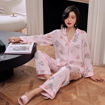 Korean Thin Artificial Silk WOMEN'S Pajamas Decorative Pattern Silk Single Breasted Fold-down Collar Long Sleeve Pajama Set 
Korean Thin Artificial Silk WOMEN'S Pajamas Decorative Pattern Silk Single Breasted Fold-down Collar Long Sleeve Pajama Set