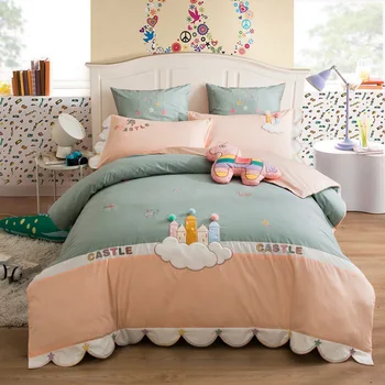 Cotton cartoon embroidery twill three-piece four-piece bedding set happy castle for boy and girl 
Cotton cartoon embroidery twill three-piece four-piece bedding set happy castle for boy and girl