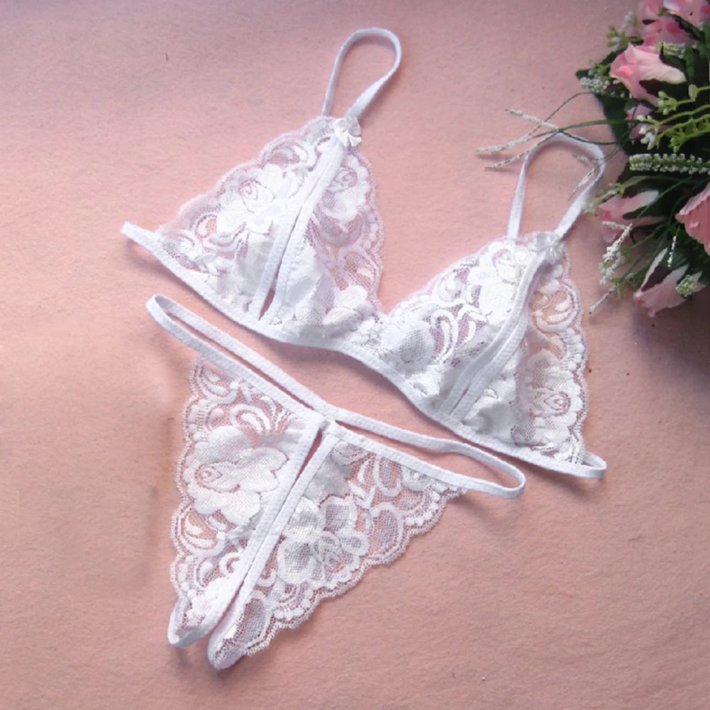Erotic Women Lace See Through Triangle Cup Bra Open Crotch Briefs Set