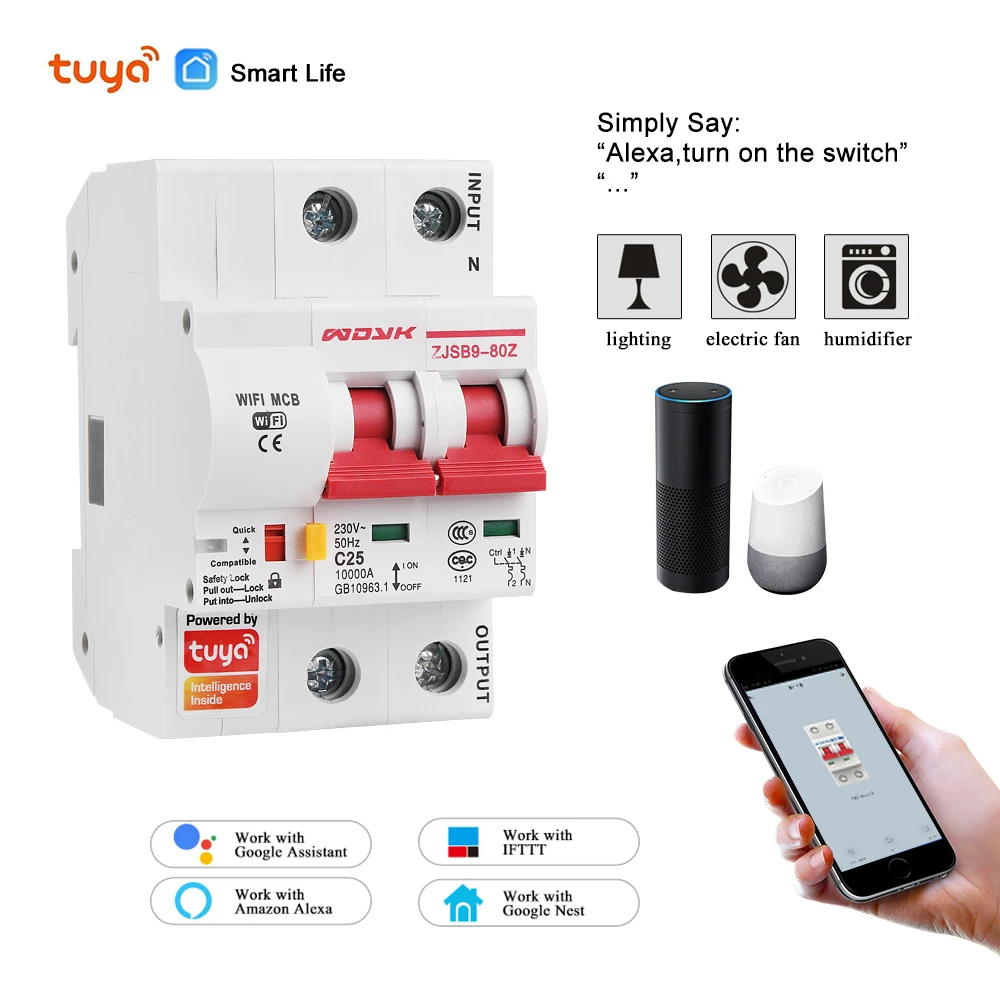 Tuya 2P WiFi remote control circuit breaker Smart din rail switch compatiable with Alexa and google home for Smart Home
Tuya 2P WiFi remote control circuit breaker Smart din rail switch compatiable with Alexa and google home for Smart Home