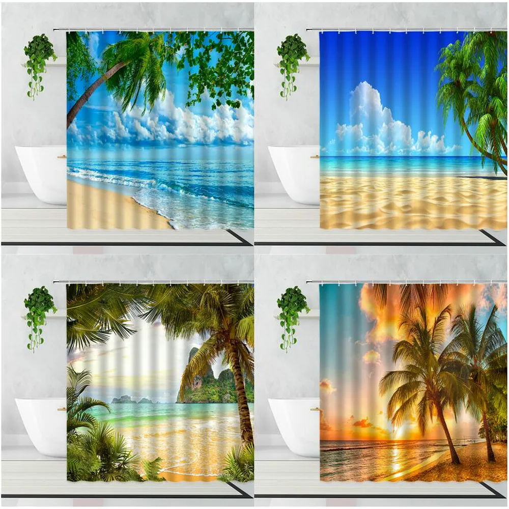 

3D Summer Beach Scenery Shower Curtain Blue Sea Green Plants Palm Trees Home Decor Background Waterproof Bath Curtains With Hook