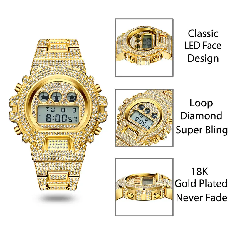 Мужские часы MISSFOX роскошные светодиодсветодиодный Цифровые кварцевые 18K Gold