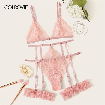 

COLROVIE Scalloped Trim Floral Lace Garter Lingerie Set Women Bralettes Intimates 2019 Bra And Thongs Ladies Sexy Sets