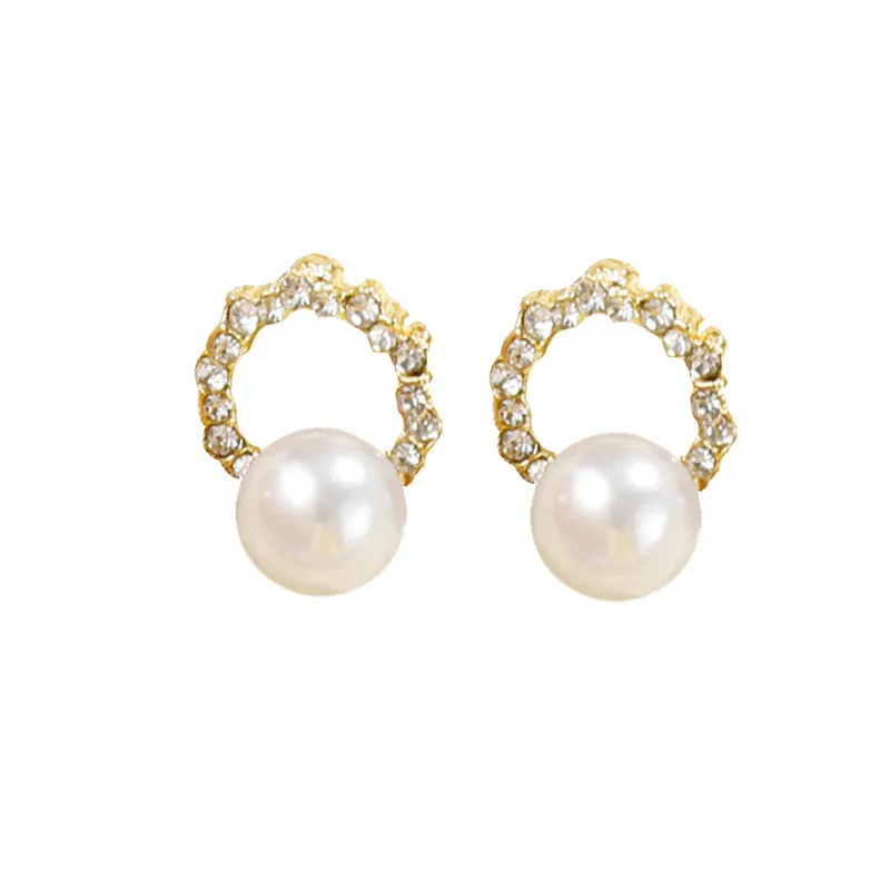 

2021 New Fashion Women Geometric Diamond Circle Pearl Earrings Women's Retro 14K Gold Plated Simple Diamond Set Fashion Earrings