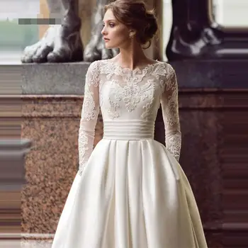 Modest Wedding Dresses Long Sleeve Turkey Satin Appliqued A-line Bridal Gown with Pockets Vestidos de Novia Buttons Back Custom 
Modest Wedding Dresses Long Sleeve Turkey Satin Appliqued A-line Bridal Gown with Pockets Vestidos de Novia Buttons Back Custom