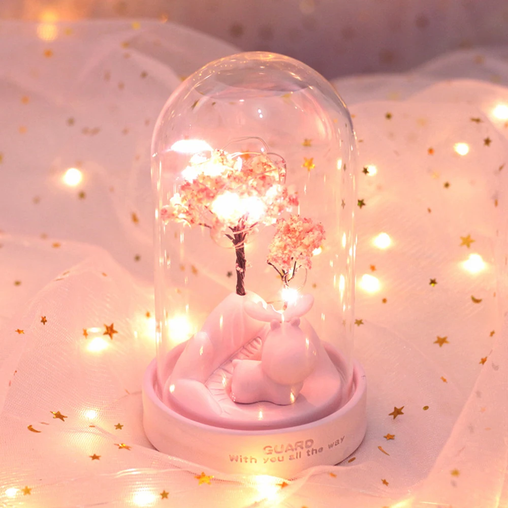 Светодиодный мультяшный ночной Светильник из смолы олень Сакура цветок звезда