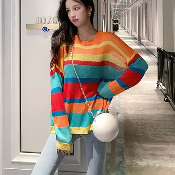 Womens Long Sleeve Loose Fashion Rainbow Striped Shirts Casual Blouse Ladies Streetwear Women Tops Crocheted Knitting
Womens Long Sleeve Loose Fashion Rainbow Striped Shirts Casual Blouse Ladies Streetwear Women Tops Crocheted Knitting